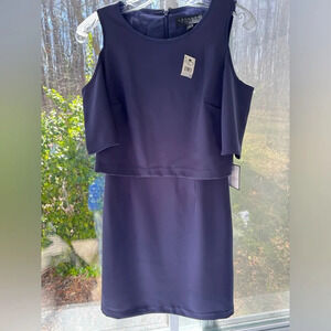 NWT Laundry 0 navy blue Cold shoulder midi dress with cape-like accent. Hook&zip